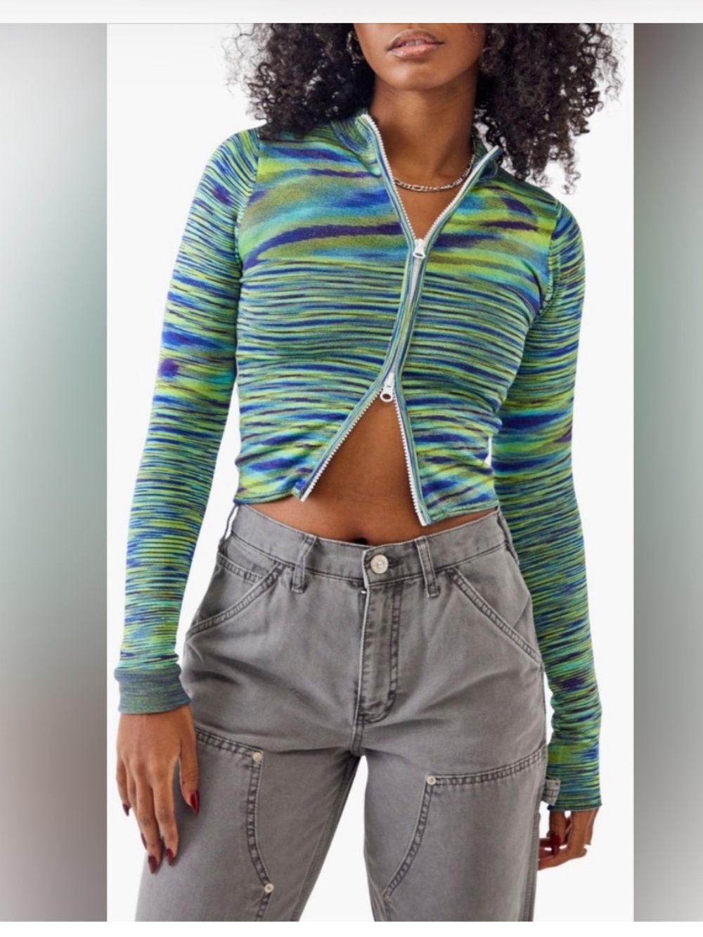 Iets Fran’s…Women’s Green Blue Striped Zip-Front Long Sleeve Top